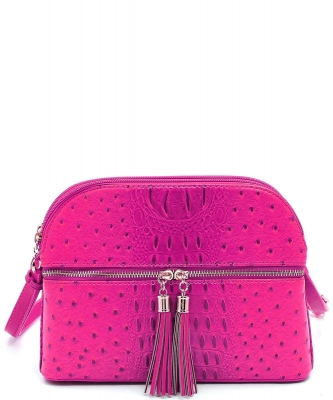 Ostrich Zip Tassel Multi Compartment Crossbody Bag Tassel OS050 FUCHSIA